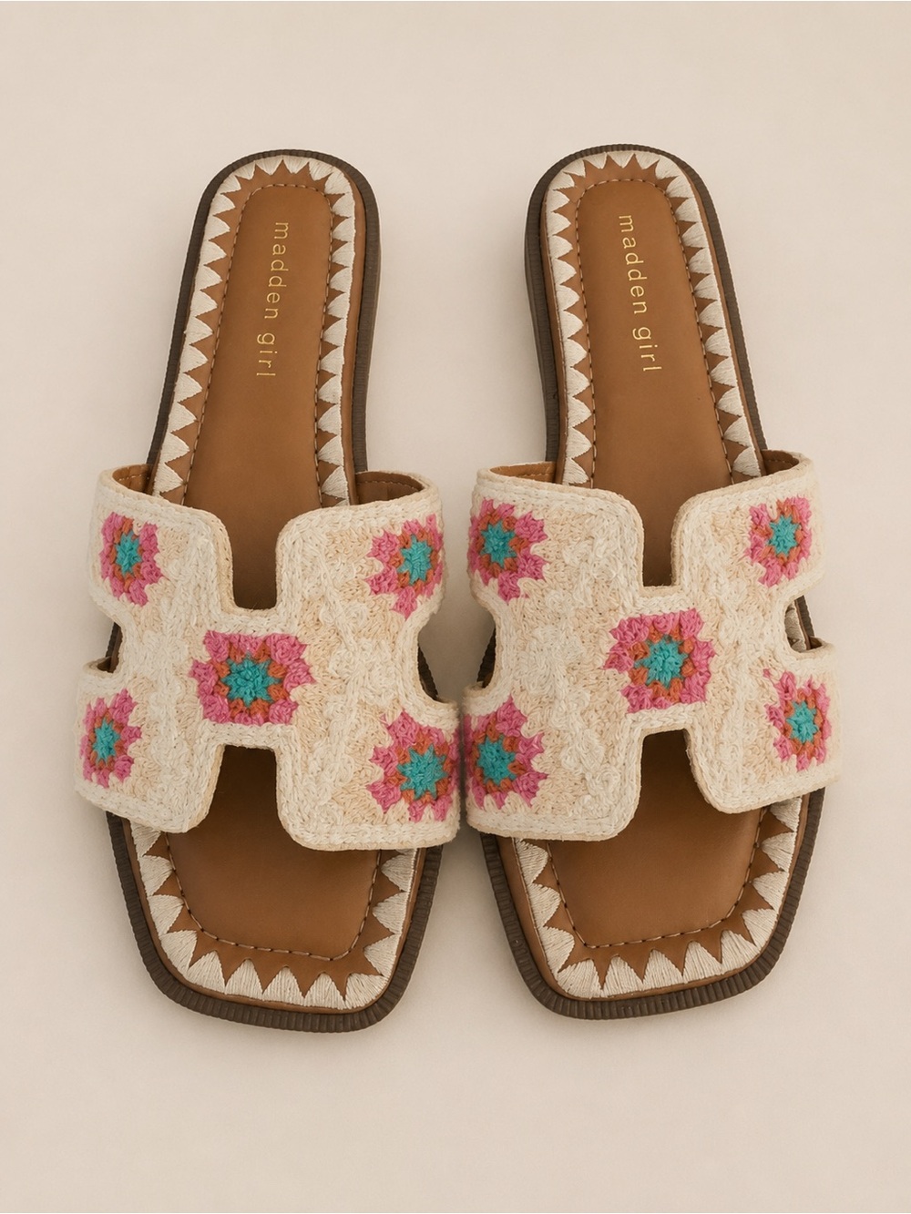 Madden Girl Cream Crochet Slide Sandals with Pink & Teal Flower Accents
